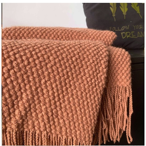Rustic Orange Warm Cozy Knit Chic Tassel Living Room/Bed Blanket/Shawl/Cover - Picture 3 of 16